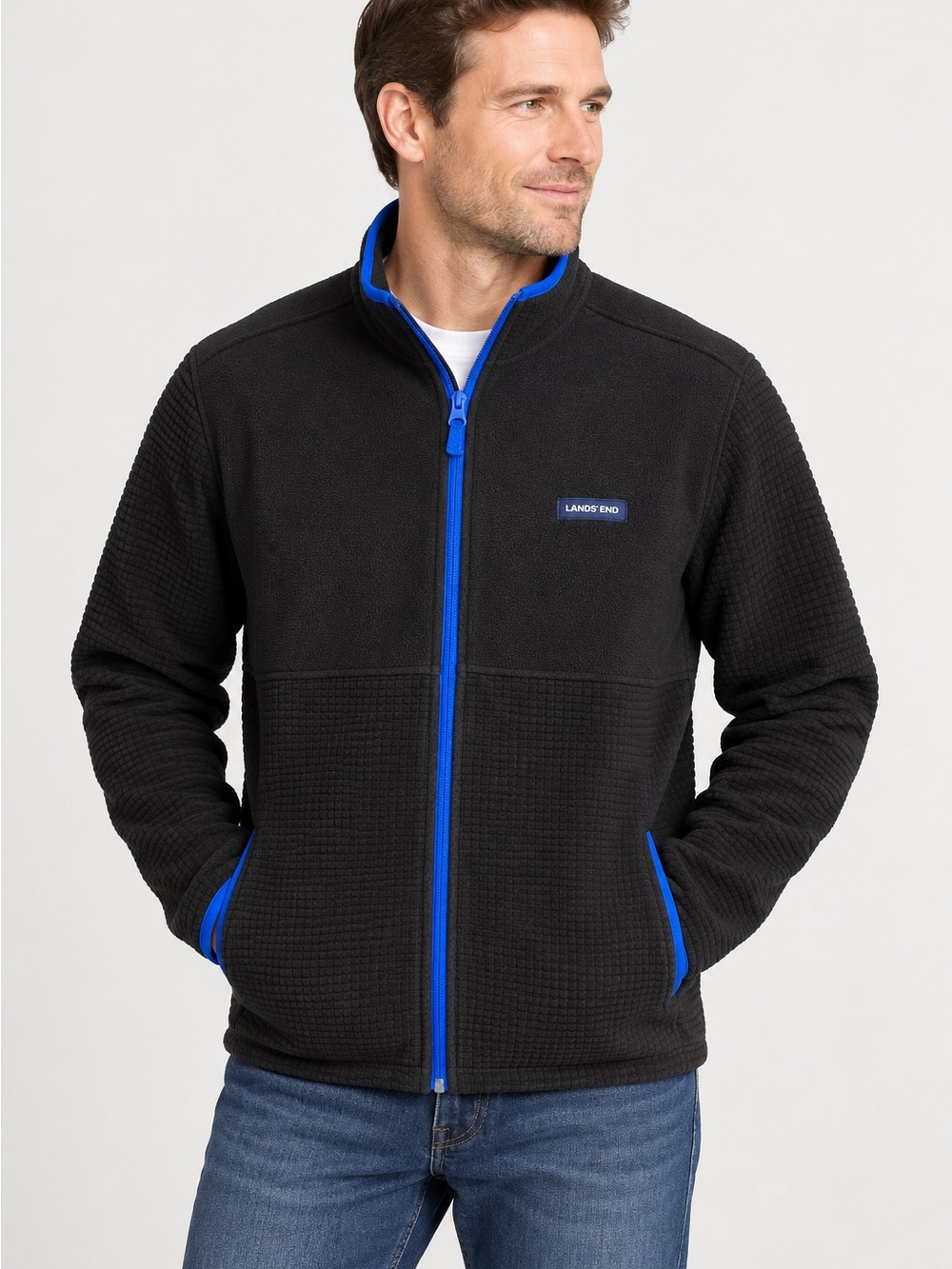 Lands’ End Men’s XL Black Textured Fleece Full Zip Jacket Blue Trim